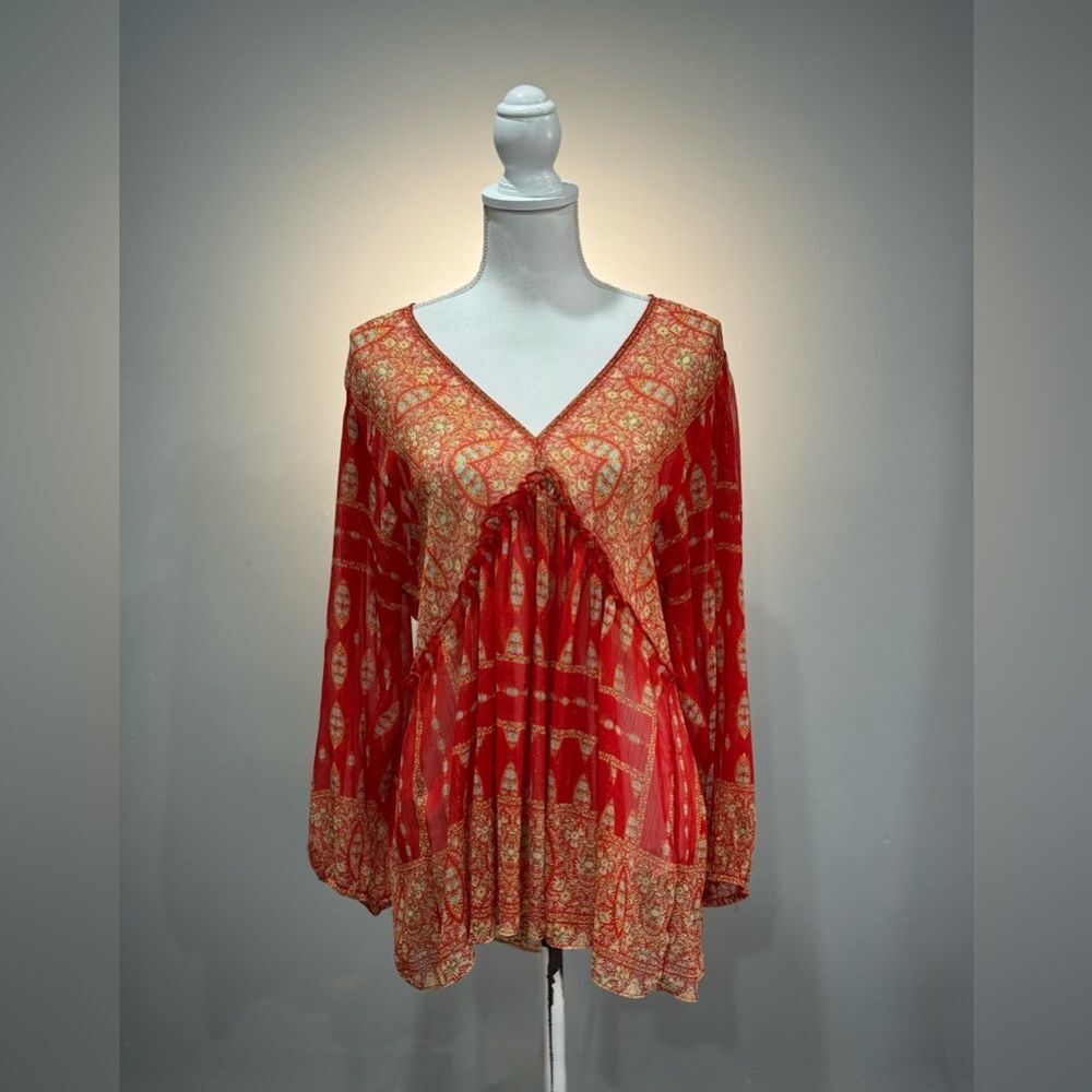Red Rose & Olive Floral V-Neck Blouse Size L EUC